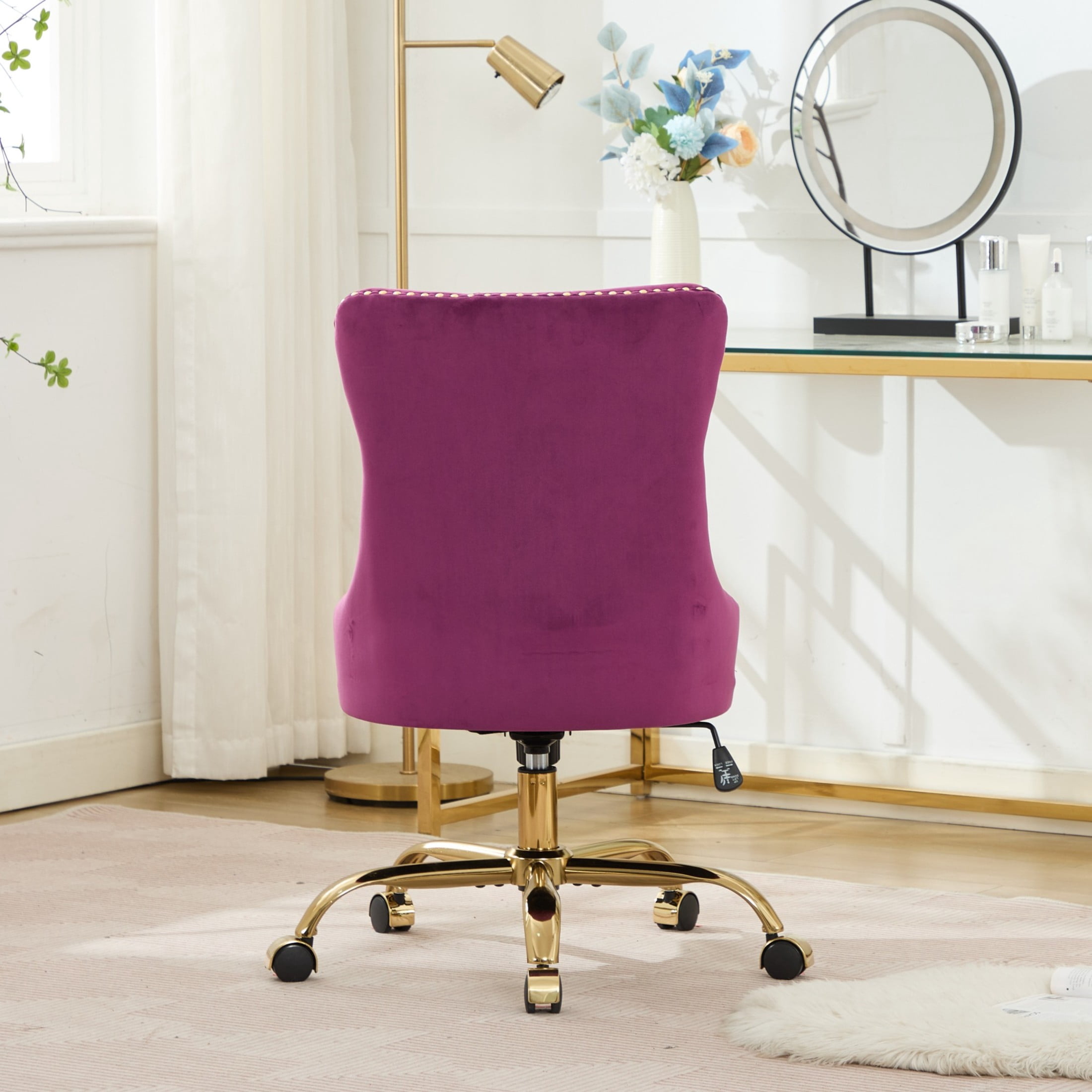 Noble House Velvet Office Chair, Tufted Adjustable Desk Chair with Gold Metal Base, 360° Swivel, Purple