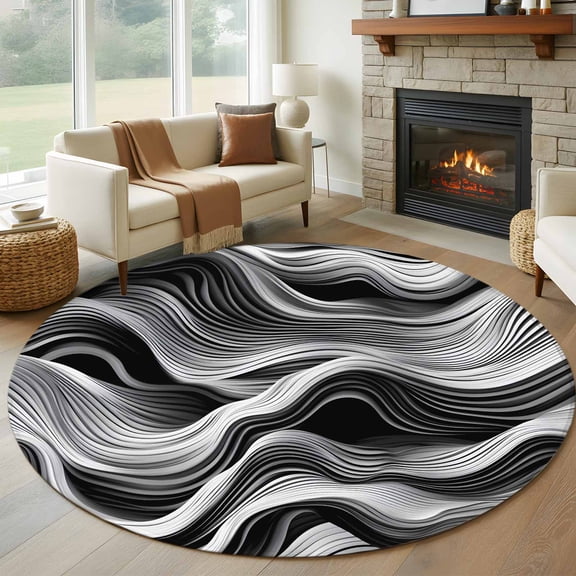 Abstract Waves Round Area Rug 5 FT, Non Slip Bedroom Rugs, Black Grey Modern Geometric Striped Washable Soft Circular Carpet Non-Shedding Floor Mat for Kitchen Dining Room Foyer Balcony Dorm