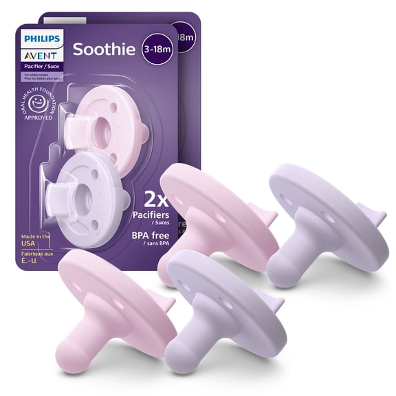 Philips Avent Soothie Orthodontic Baby Pacifiers, 100% Silicone Pacifiers, One Piece, Bpa-Free, For Babies 3-18 Months, 2 Lilac and 2 Pink, 4 Pack, Model SCF192/70