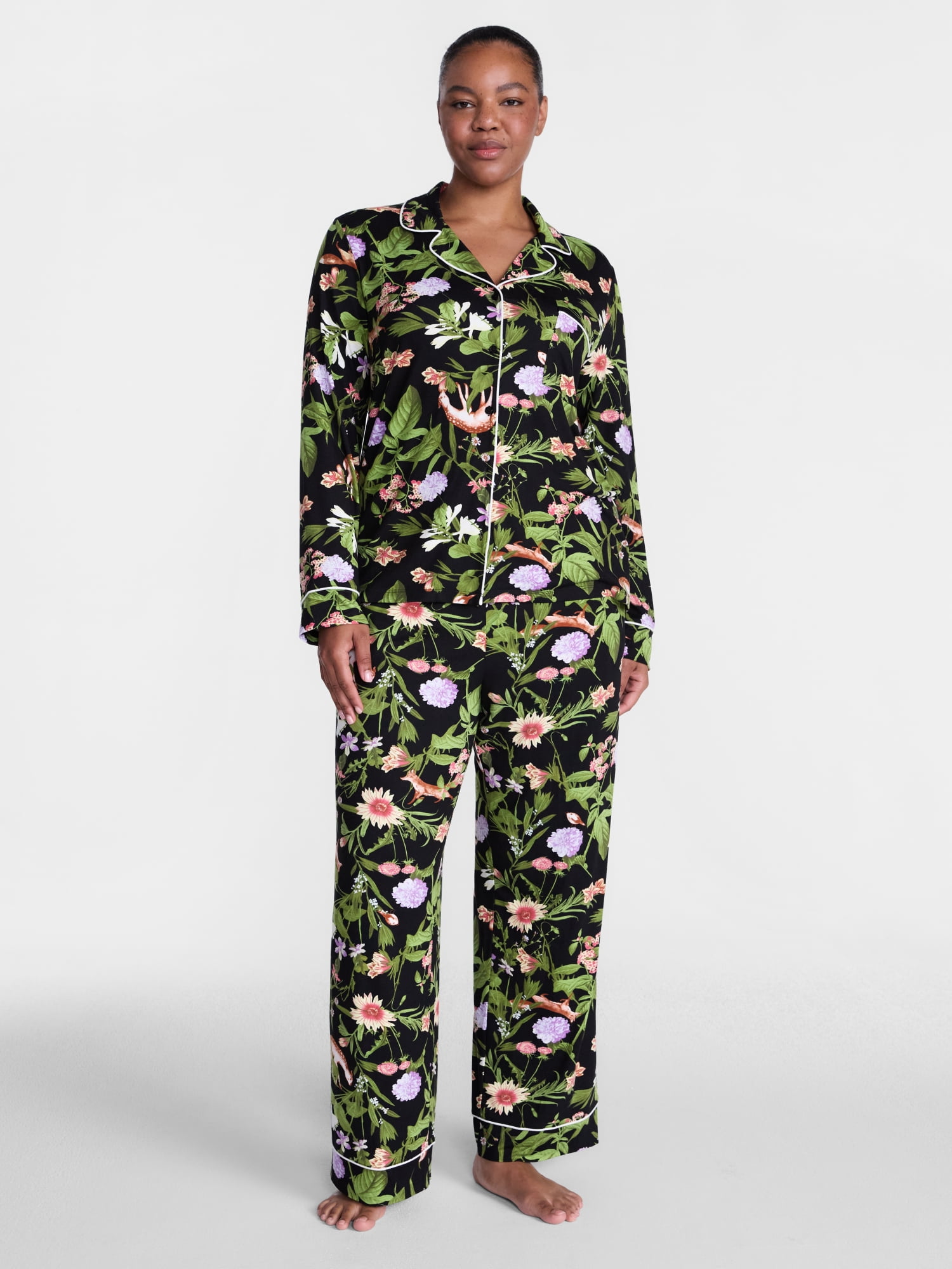 Joyspun Women’s Dreamy Soft Collection Notch Collar Top and Pants, 2-Piece Pajama Set, Sizes XS-3X
