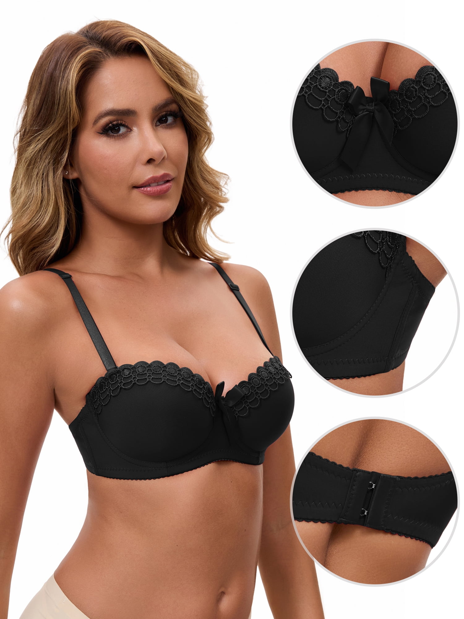 DARING DIVA Women's Soft Convertible Half Cup Underwire Push Up Bow Lingerie M Black