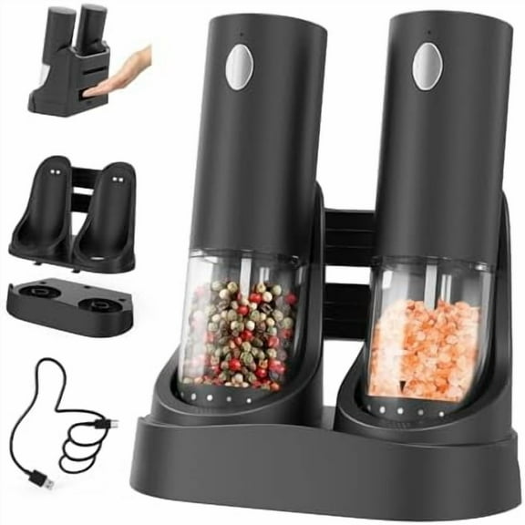 Electric Salt and Pepper Grinder Set Automatic Salt and Pepper Grinder Set with Easy-to-Carry Charging Base and LED Light, USB Rechargeable, Upgrade External Adjustable Coarseness
