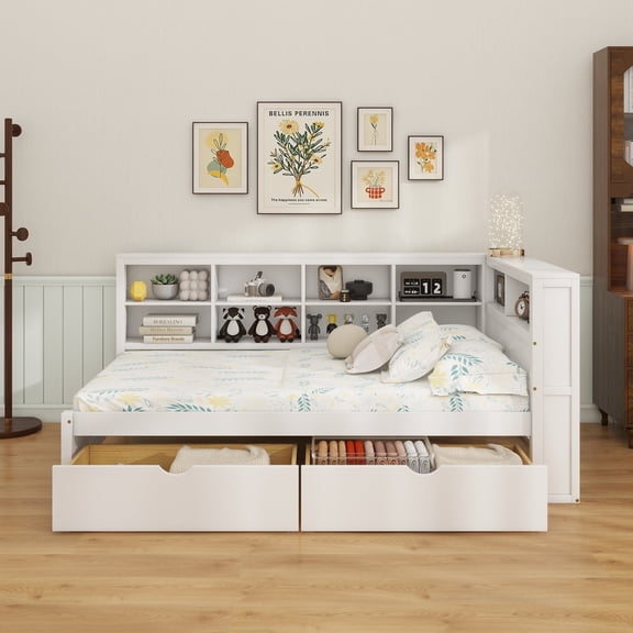 Wooden Twin Size DayBed with 2 Drawers, DayBed with Storage Shelf and USB Charging Ports,White