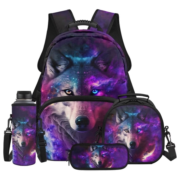 Yspwyqan Galaxy Wolf Backpack Set 4Pcs with Lunch Box Pencil Case Water Bottle, Cosmic Nebula Lightweight Boys Backpack Set for Elementary Middle School Hiking