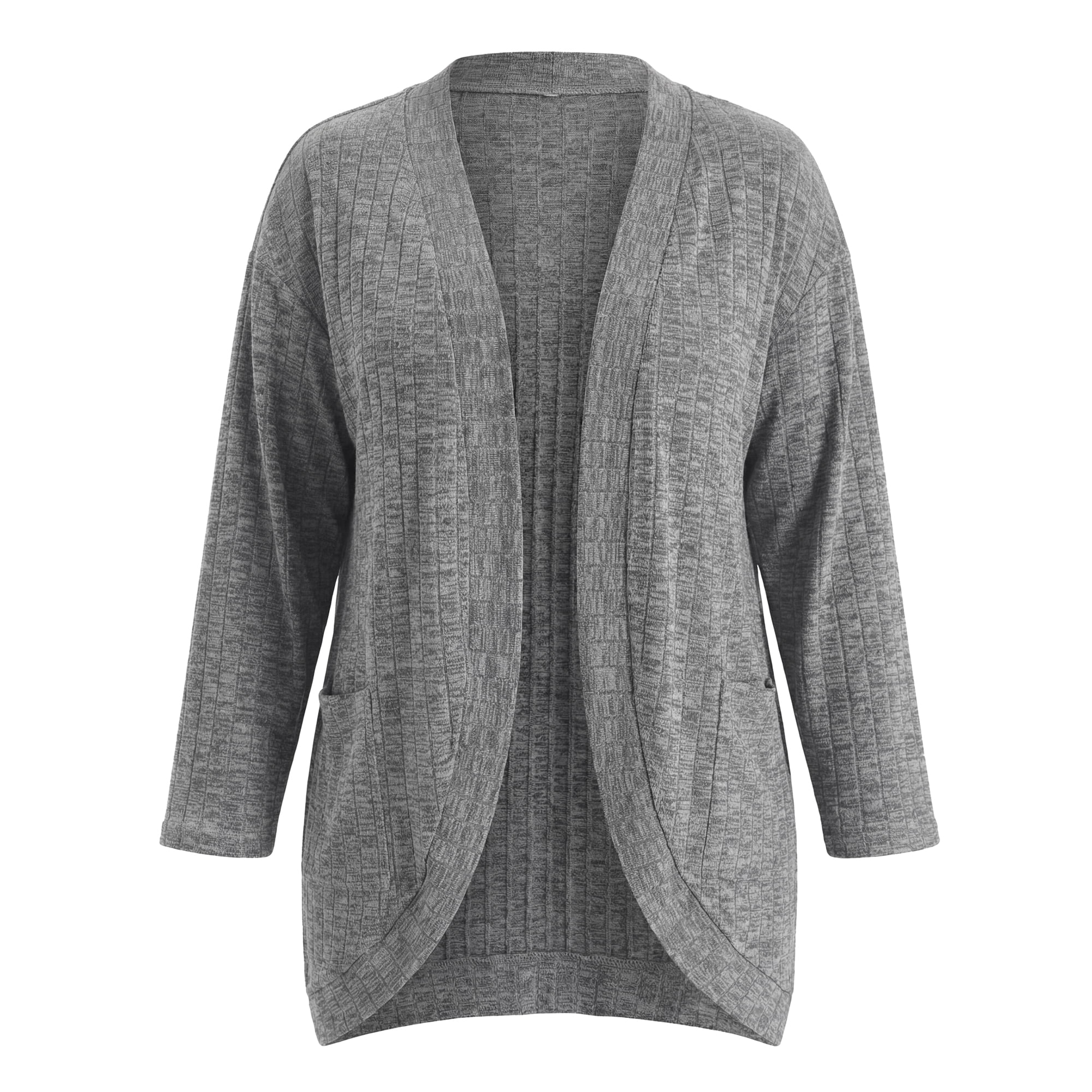DARING DIVA Women's Plus Open Front Long Sleeve Ribbed Cardigan 1X Gray