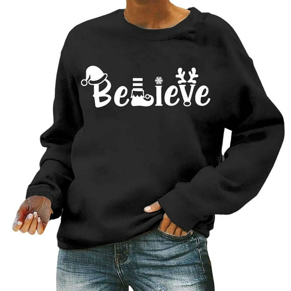 XIAOCHA Womens Christmas "Believe" Print Sweatshirt Long Sleeve Sweatshirt Santa Hat Reindeer Elements Crew Neck Pullover Top