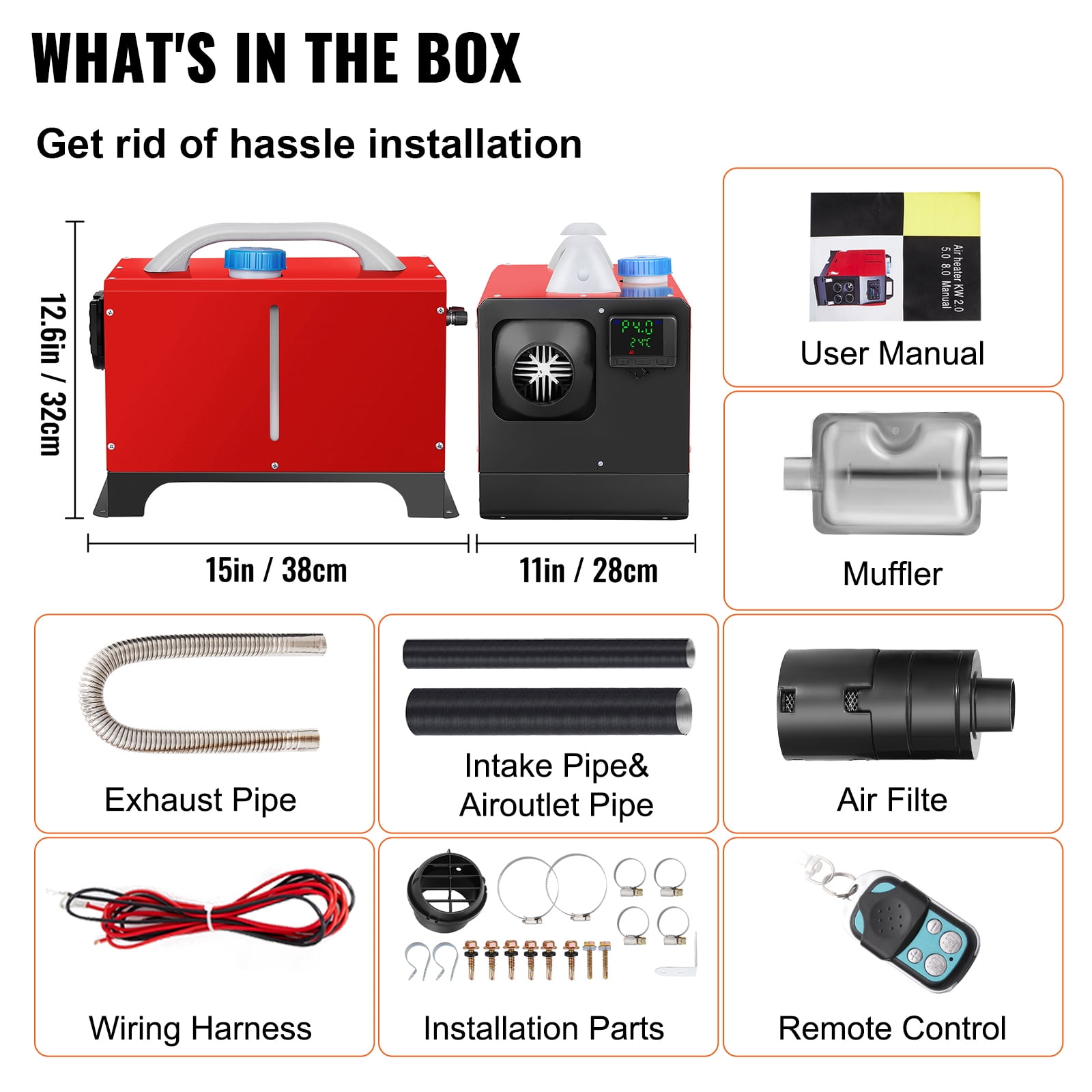 KFFKFF Diesel Air Heater Combo, 8KW 12V Unit, Quick Warm-up, Includes Black LCD & Remote for Easy Control in RVs, Trucks, Boats, Buses, Trailers & Motorhomes