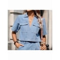 thumbnail image 4 of Women'S Denim 2 Piece Outfits Summer Lapel V Neck Crop Top Jean Skirt Shorts Set with Pockets Light S, 4 of 9