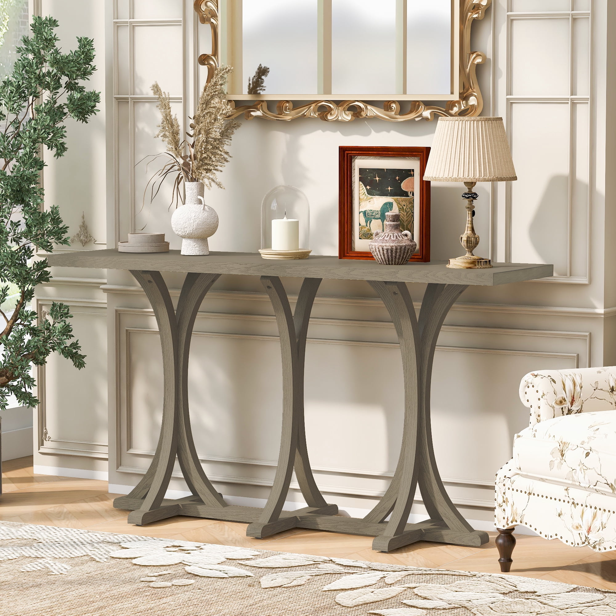 Euroco 59.8" Long Console Table, Farmhouse Entryway Table with Slender Curved Legs, Narrow Sofa Table Behind Couch for Living Room, Hallway,Foyer,Gray