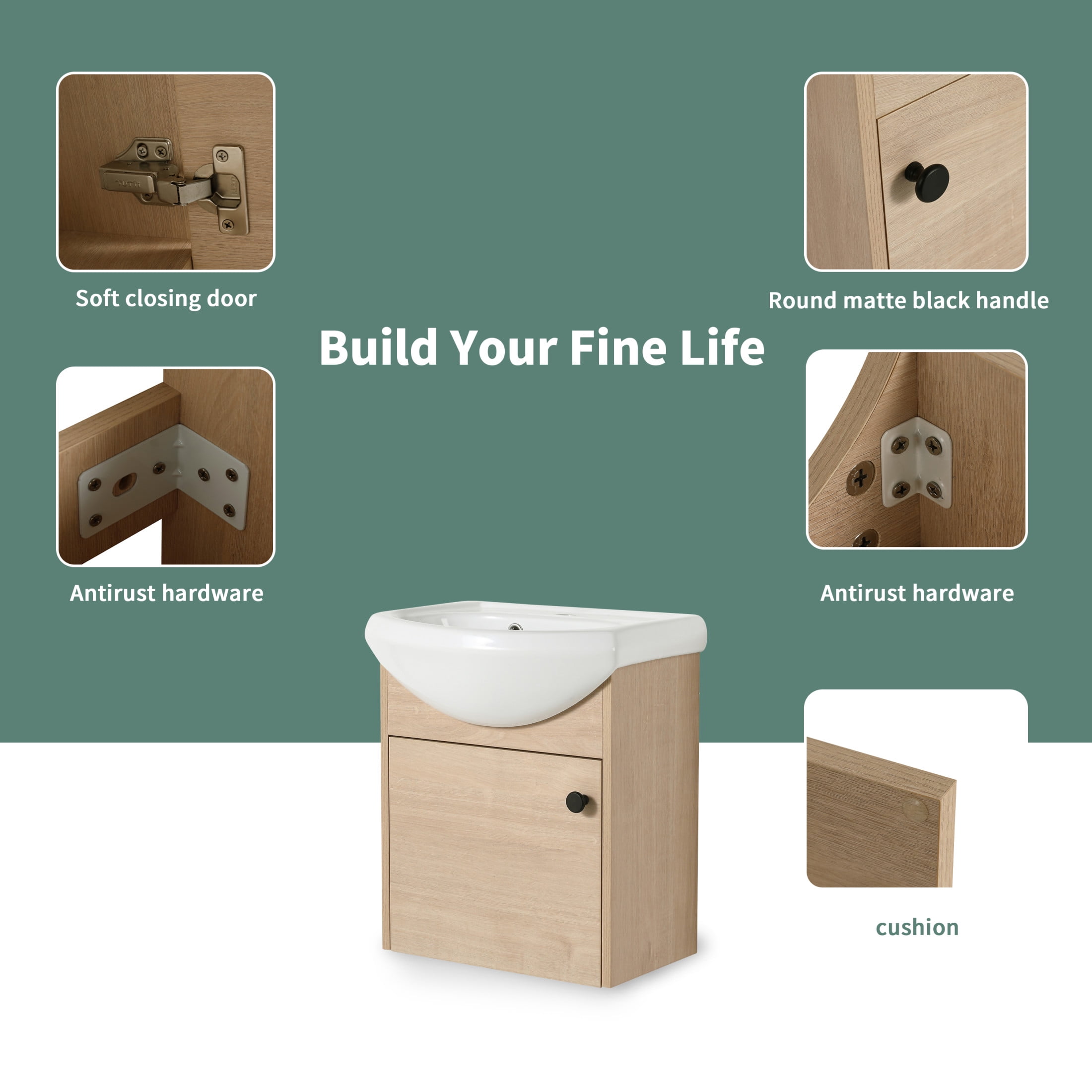 Noble House 18" Floating Bathroom Vanity, Ceramic Sink, Plywood Soft-Close Door, Wall-Mounting, Plain Light Oak