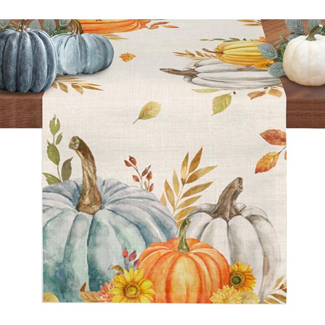 Thanksgiving Table Runner 108inches Long, Washable Fall Table Runner Cloth for Kitchen Dining, Wedding, Party, Coffee, Outdoor Use, Pumpkins Autumn Leaf Tabletop Decoration Harvest