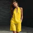 thumbnail image 5 of Linen Short Sets for Women 2 Piece Outfits V Neck Halter Tank Tops Knee Length Bermuda Shorts Beach Loungewear Set,Yellow XL, 5 of 7
