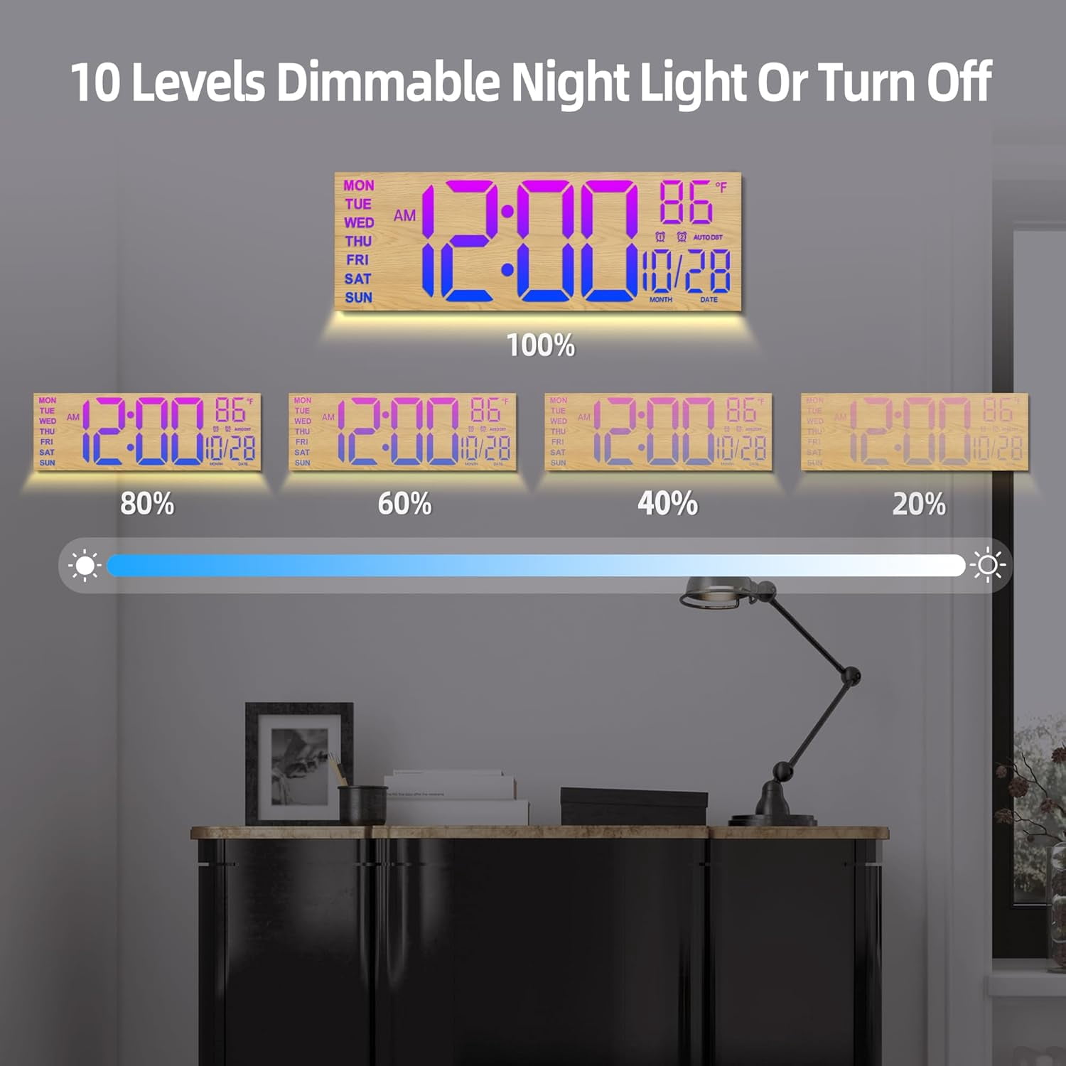 LEIKE New Wood Grain 16.2" Digital Wall Clock with Large Numbers, 8 Color Options, 5-Level Brightness, Temperature, Big Digit Display for Bedroom, Office & Living Room