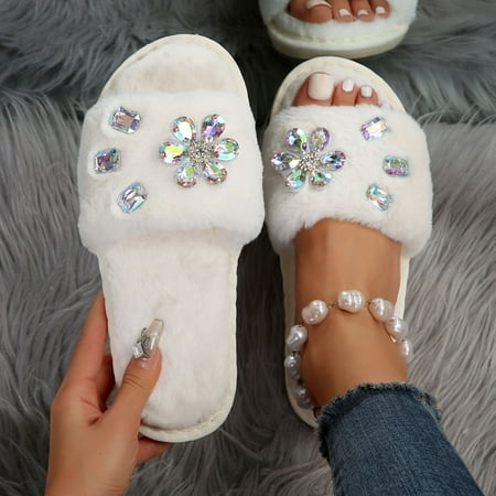 

Daznico Slippers for Women Women s Winter Fashion Flower Rhinestone Fluffy Drag Flat Warm Comfortable Indoor Fairy Wind Slippers Womens Slippers House Slippers for Woman(Color:White Size:6.5)