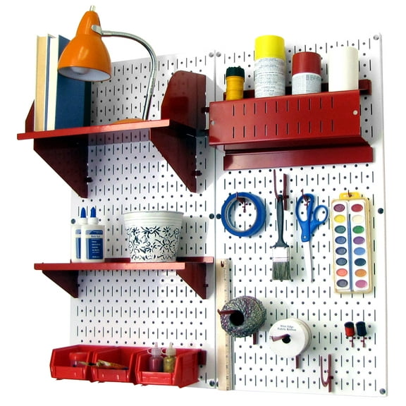 Wall Control Pegboard Hobby Craft Pegboard Organizer Storage Kit with White Pegboard and Red Accessories