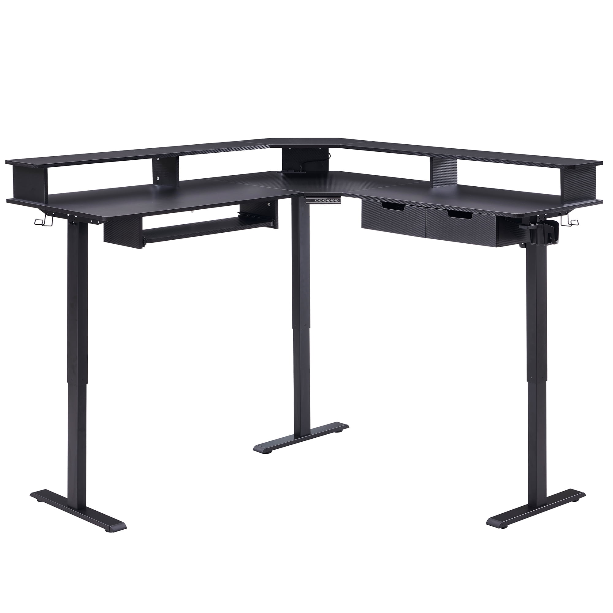 OKD 60" Electric Standing Desk with LED Strip & Power Outlets, L-Shaped Corner Desk with Shelves & Keyboard Tray, Adjustable Height Computer Desk, Carbon Fiber Black
