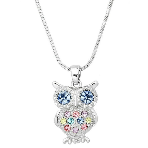 Owl Pendant Necklace Rhinestone Crystal Rhodium High Polished J0256-MT2