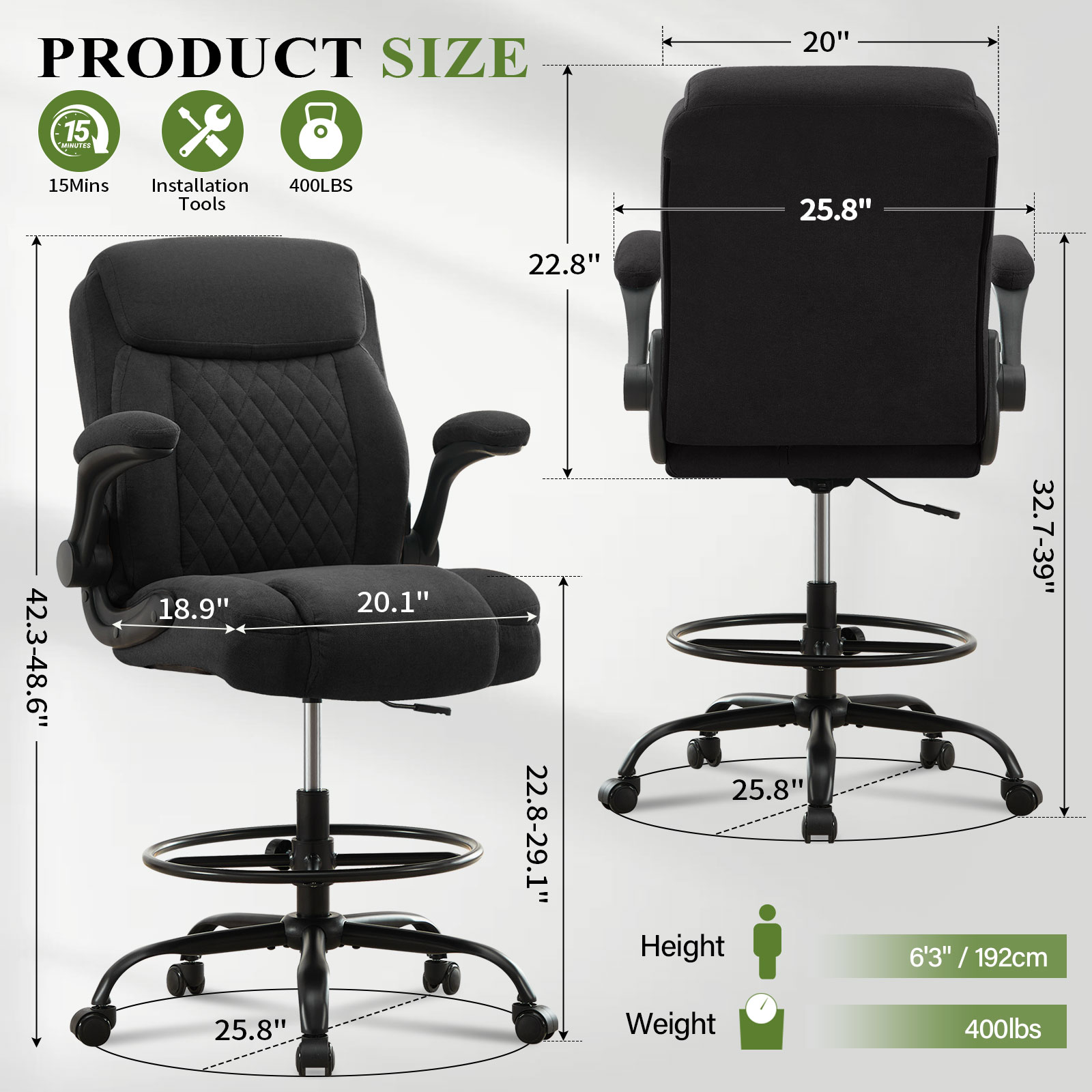 JONPONY Tall Office Chair for Standing Desk, Ergonomic High Office Chair with Adjustable Foot Ring, Flip-Up Armrests, Lumbar Support for Home office ,Black