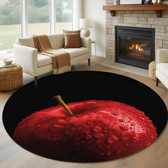 Red Fruit Round Rug 5ft Washable Circle Kitchen Rugs Non Slip Modern Minimalist Decor Black Background Large Area Rug Indoor Floor Carpet for Bedroom Living Room Home Office Dining Room Nursery