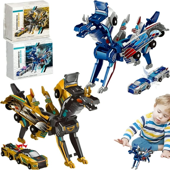 BESTSKY 2 in 1 Collision Transforming Dinosaur Car Toy,Dinosaur Transformer Car,Transform into Dinosaurs,Fun Collision Transforming Cars for Boys & Girls Party Favors Blue Golden