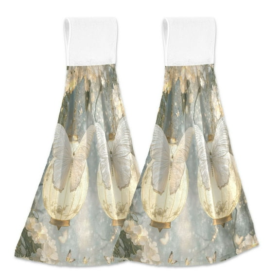 BZSMCE Hanging Hand Towels Fashion Butterfly Lanterns Pattern 2-Pack - Velcro Style Bathroom Kitchen Towels