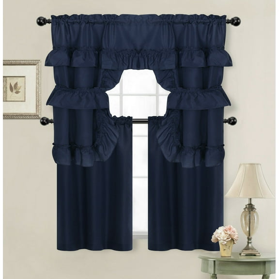 Kate Aurora Country Farmhouse Living Solid Colored Café Kitchen Curtain Tier & Swag Valance Set - Navy Blue