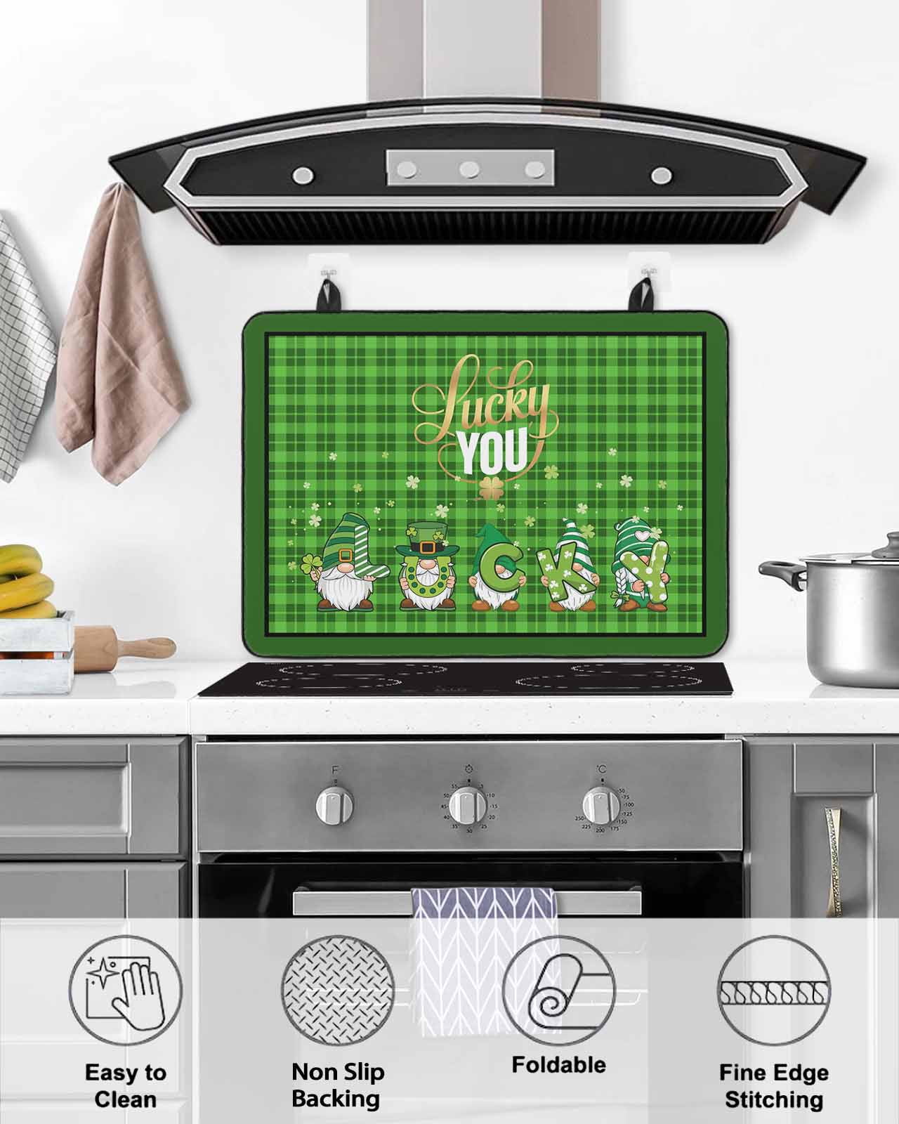 Large Induction Cooktop Protector Mat St. Patrick's Day Stove Top Covers for Electric Stove, Lucky Gnomes Shamrock Green Plaid Decorative Stove Burner Cover Mats, Glass Top Stove Cover