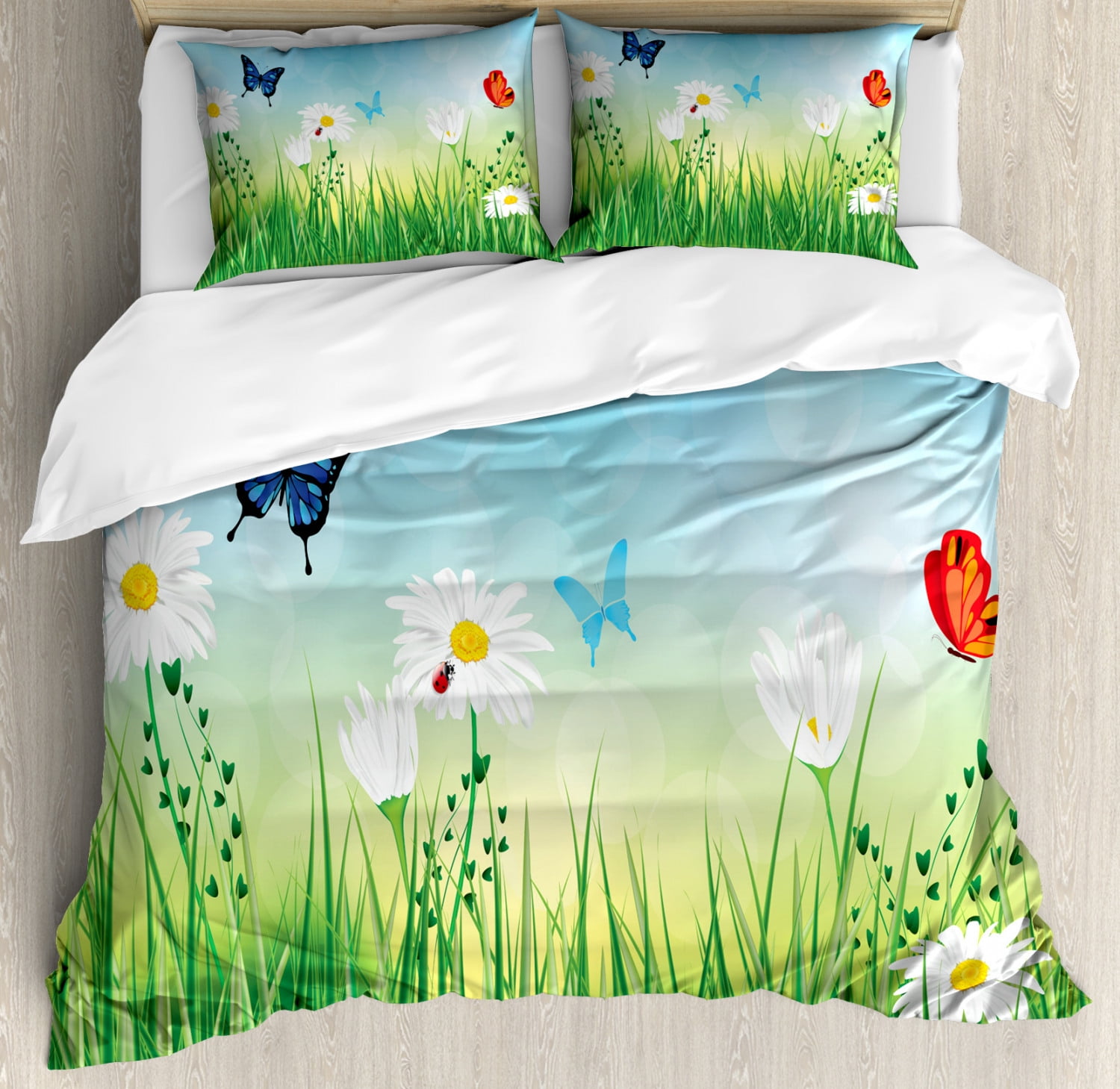 Summer Duvet Cover Set King Size Meadow Illustration With Daisies