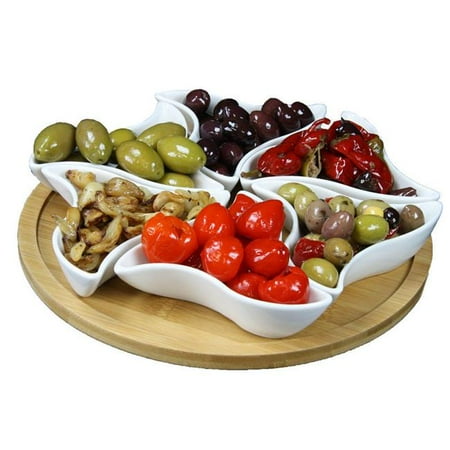 Unique Serving Pieces 10.75 in. Modern Lazy Susan Appetizer & Condiment Server Set with 6 Unique Design Serving Dishes & A Bamboo Lazy Suzan Serving Tray - 7 Piece ()