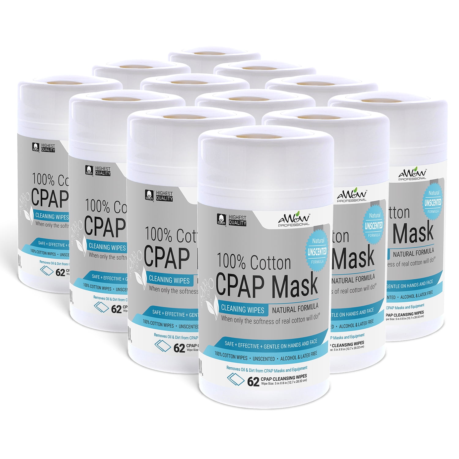 AWOW Professional CPAP Mask Cleaning Wipes, Unscented, 100% Cotton, 62 ...