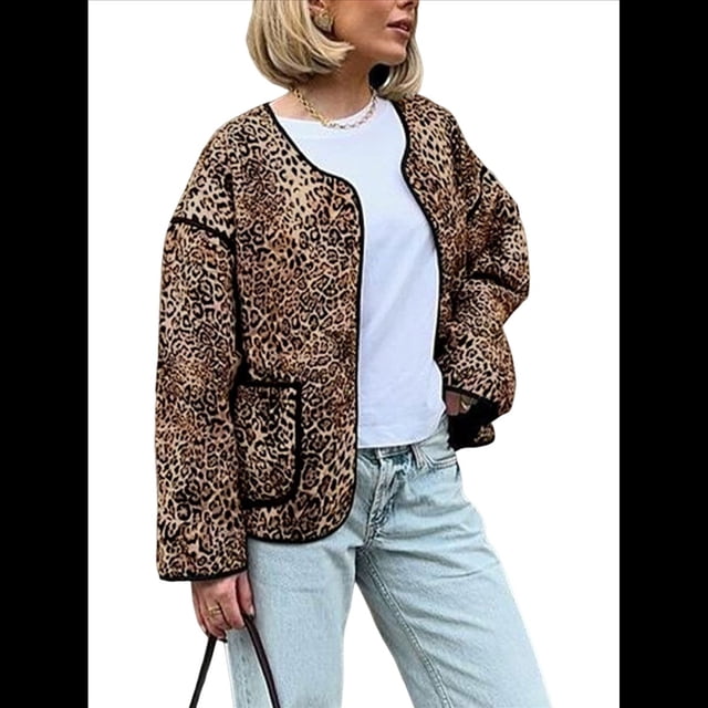 Chaqueta Acolchada Corta para Mujer, Ligera, con Estampado de Leopardo, Abierta Al Frente, Tipo Cárdigan, Abrigo Exterior. Marrón M