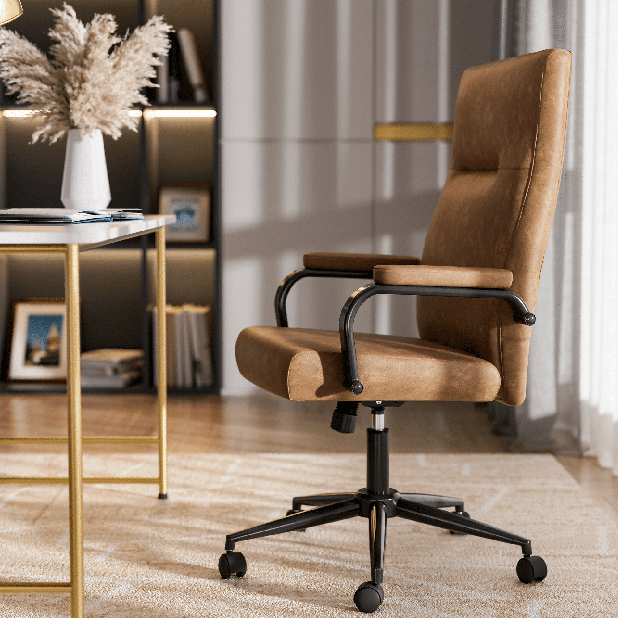 HomeZeer Brown Office Chair with Wheels, Swivel High Back Executive Office Chair with Memory Foam and Arms, Leather Adjustable Height Computer Desk Chair for Home Office