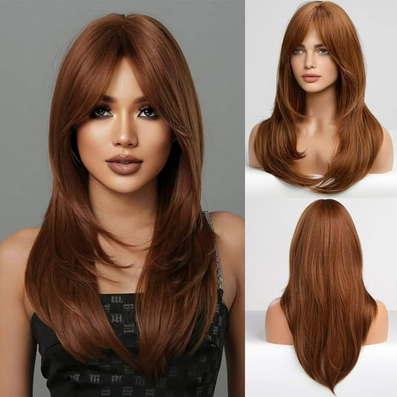 Auburn Wigs for Women,Long Layered Orange Brown with Highlight Wigs with Bangs Heat Resistant Synthetic Fibre Wigs(pelucas de cabello natural)