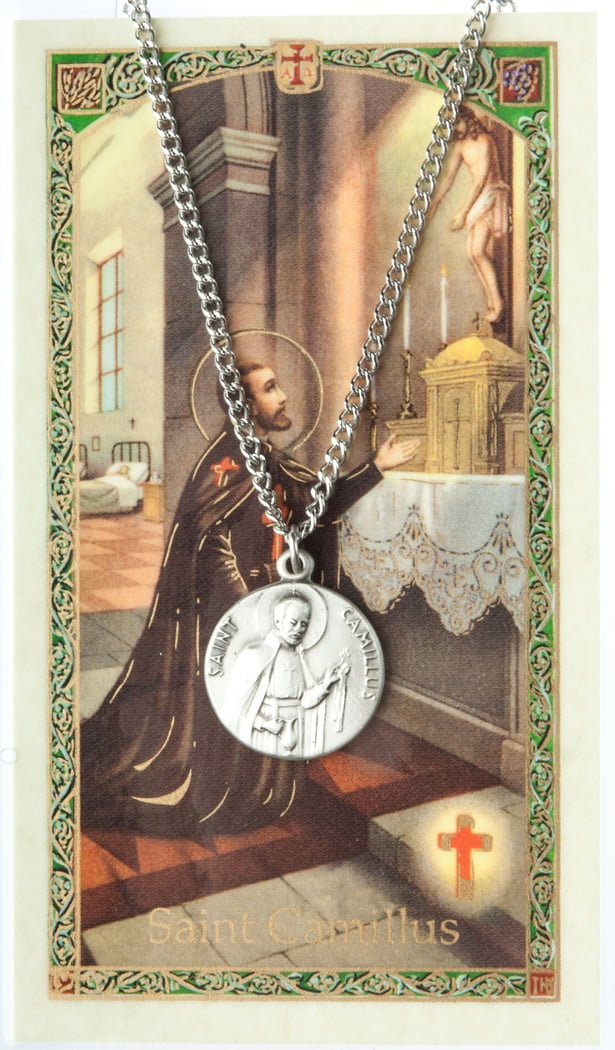 Pewter Saint St Camillus Medal with Laminated Holy Card, 3/4 Inch