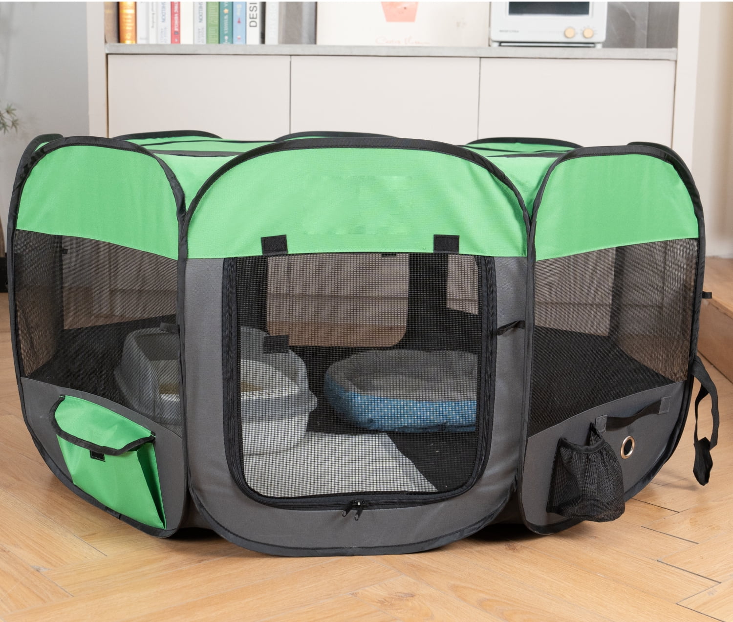 Upgraded Dog Playpen 48" Pop-up Pet Playpen with PVC-Coated & 2 Side Pockets, Durable Large Pet Pen for Dogs, Cats, Chicken, Indoor Recovery, Training