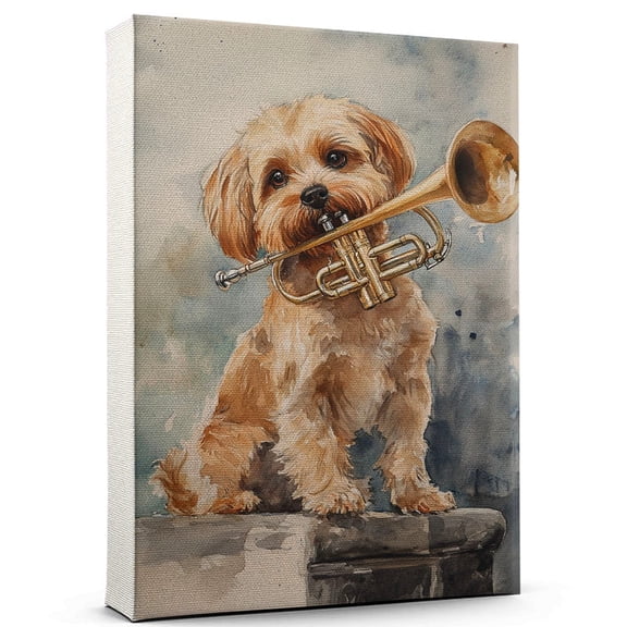 Tibetan Terrier Dog Canvas Trumpet Stretched Canvas Size 8x12 – Funny Tibetan Terrier Dog Canvas Wall Decor, Funny Dog Wall Art for Trumpet Room