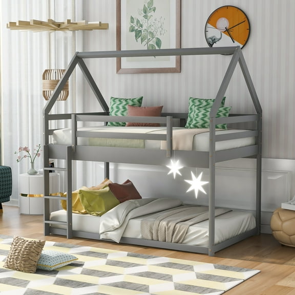 Euroco Twin over Twin House Bed, Low Bunk Bed for Kid Teens Room, Gray