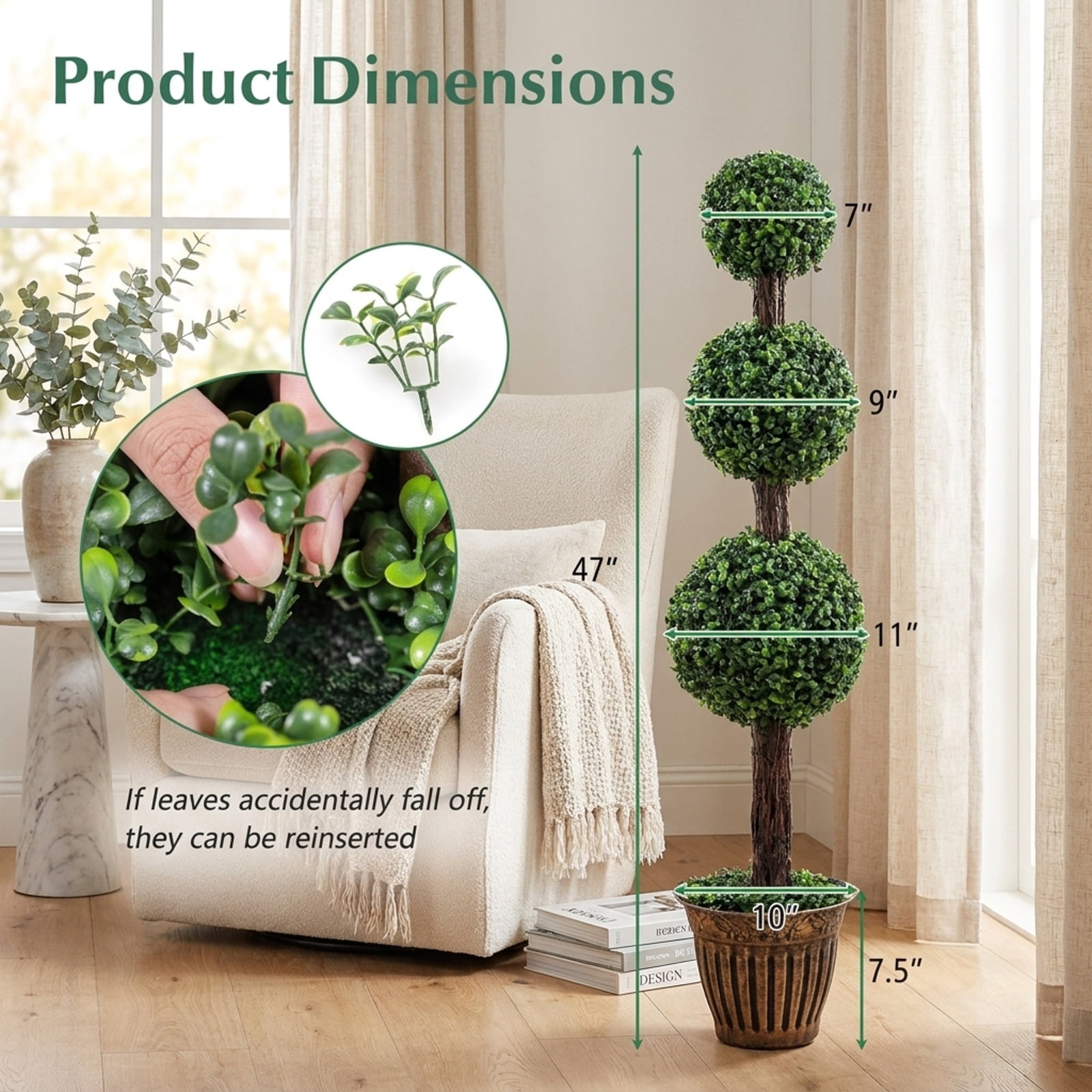 Vebreda Artificial Plant Decor, 4 FT Artificial Triple Ball Boxwood Tree with Cement-filled Retro Planter, Realistic & Inviting Appearance