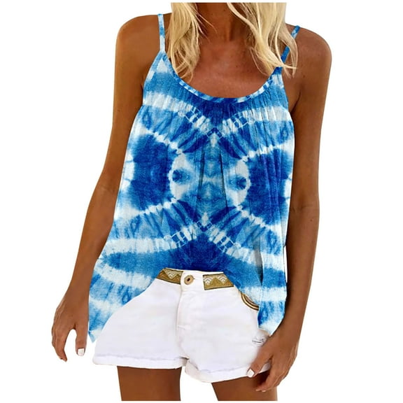 Gifts Usmixi Womens Tank Tops Fashion Loose Pleated Swing Strap Vest Going out Camisole Shirts Summer Trendy Tie-Dye Print Crewneck Sleeveless Shirts Blouse Blue XXL