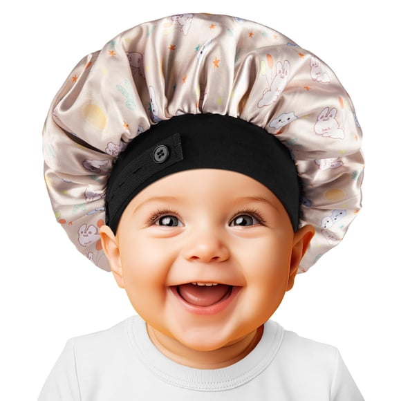 WINSTECK Gorro de bebé de satén de seda suave para niñas y niños, doble capa y banda elástica ancha, gorro de dormir para niños, gorro de noche ajustable para niños pequeños, pelo natural, pelo rizado