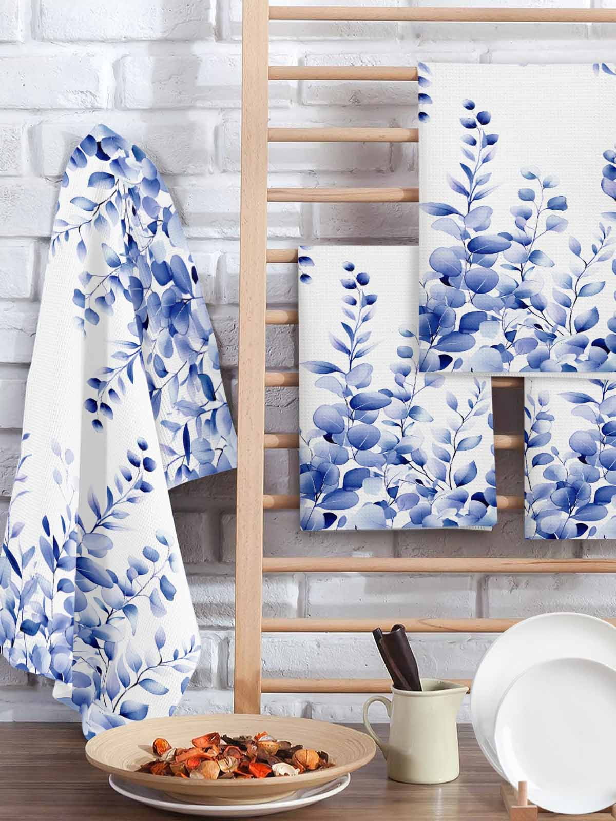 Blue Eucalyptus Hand Towels Set,Waffle Weave Kitchen Towels 3Pcs, Botanical Plant Rustic Succulent Branch Microfiber Hair Face Bath Tea Towel Absorbent Quick Drying Cleaning Dish Cloths 15.7"x23.6"