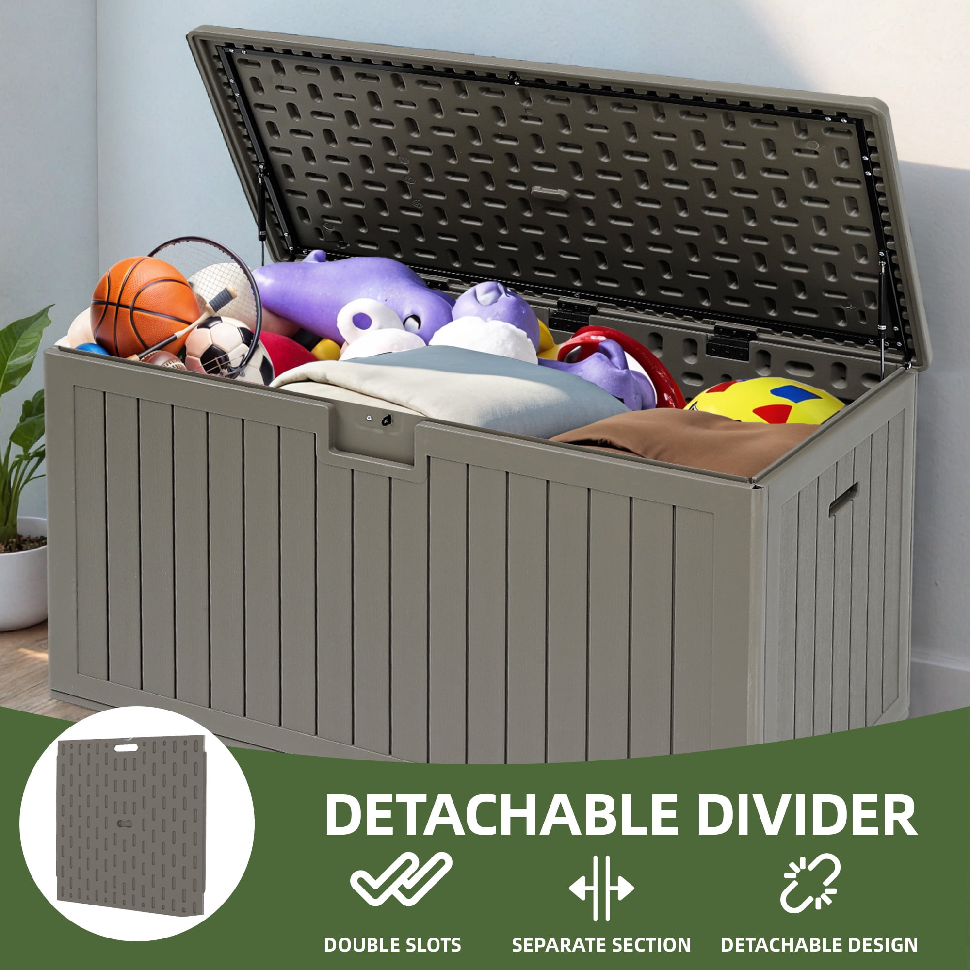 Uforic 180 Gallon Extra Large Outdoor Deck Box, Double-Wall Resin Storage Box with Flexible Divider, Lockable,‎Weatherproof,Light Brown