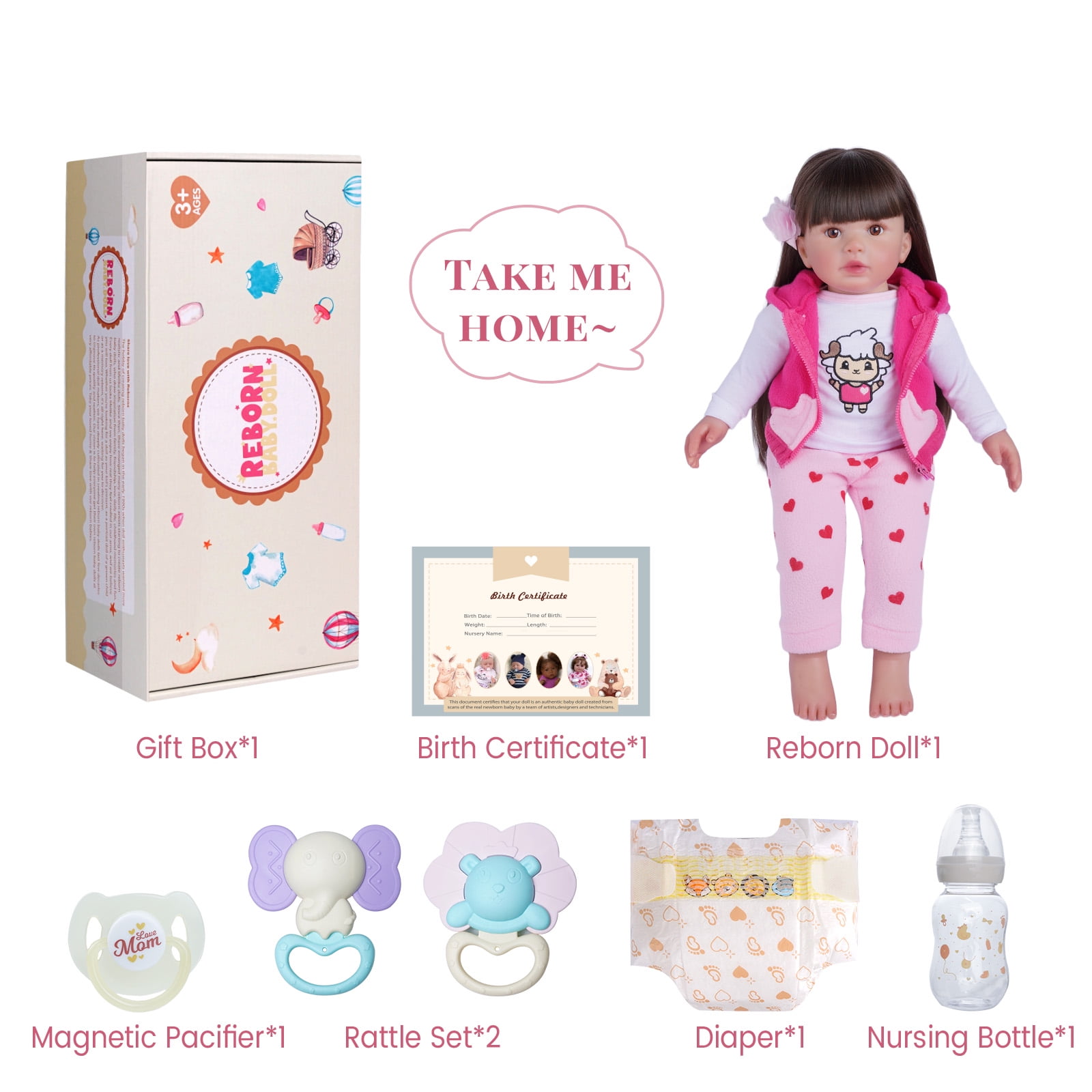 RSG Lifelike Reborn Baby Dolls Candy - 22 Inch Baby Doll Long Black Hair Girl Handmade Real Life Dolls with Clothes and Toy Accessories Gift for Kids Age 3+
