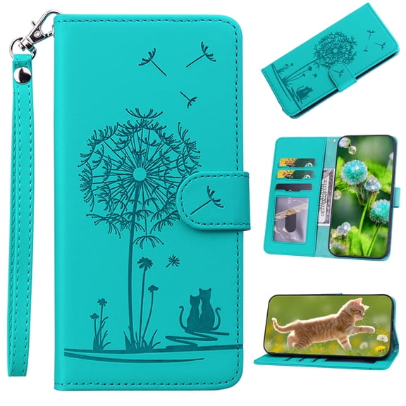 For Samsung Galaxy A17 5G PU Leather Wallet Magnetic Flip Cover with 3 Card Slots [RFID Blocking], Butterfly Dandelion Cat Design Handbag Style Full Body Protection Case with Lanyard,Green