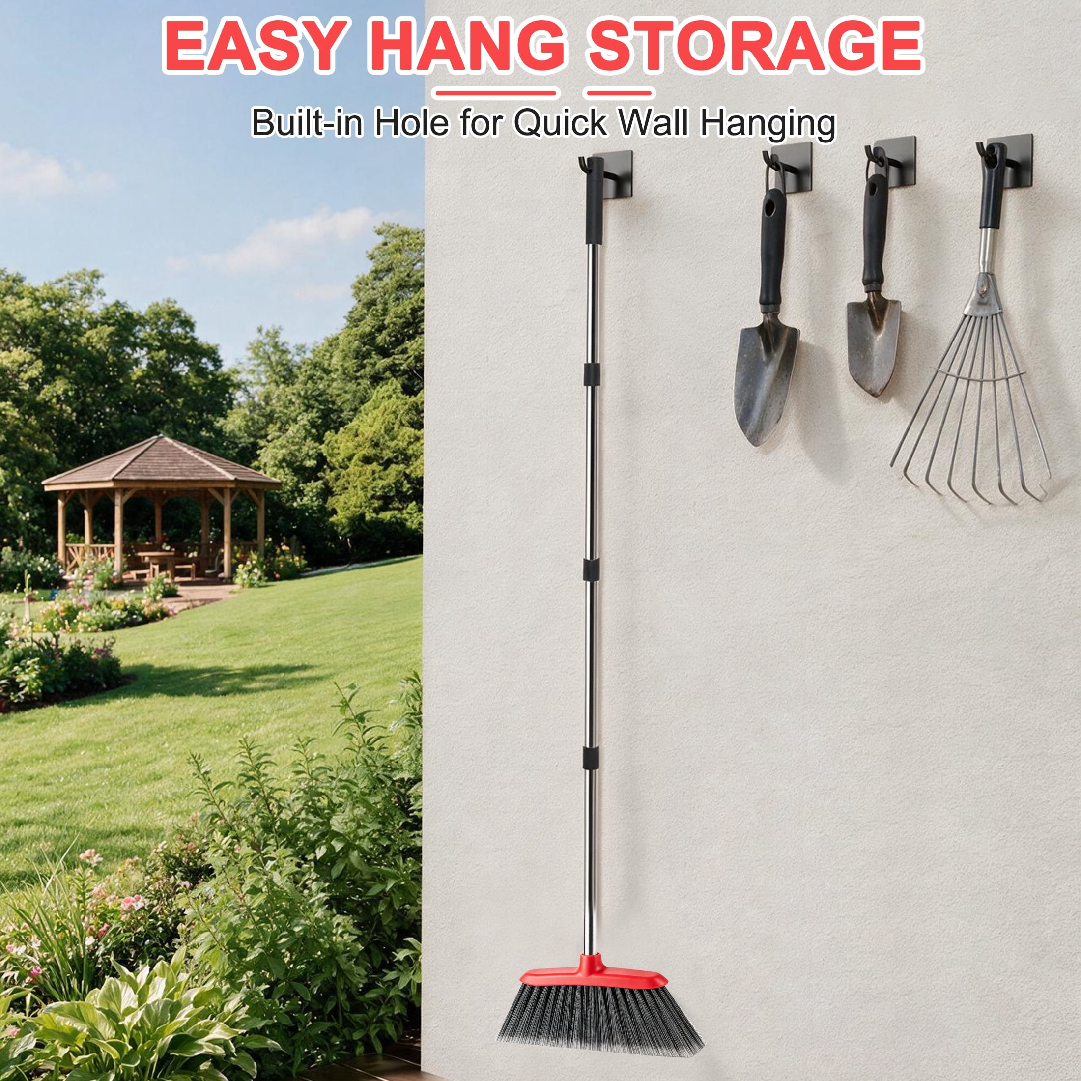 GARITIN Brooms for Floors, Heavy Duty Outdoor Stiff Bristle Angle Broom for Patio, Garage, Deck & Garden, Indoor Sweeping Broom with Long Handle