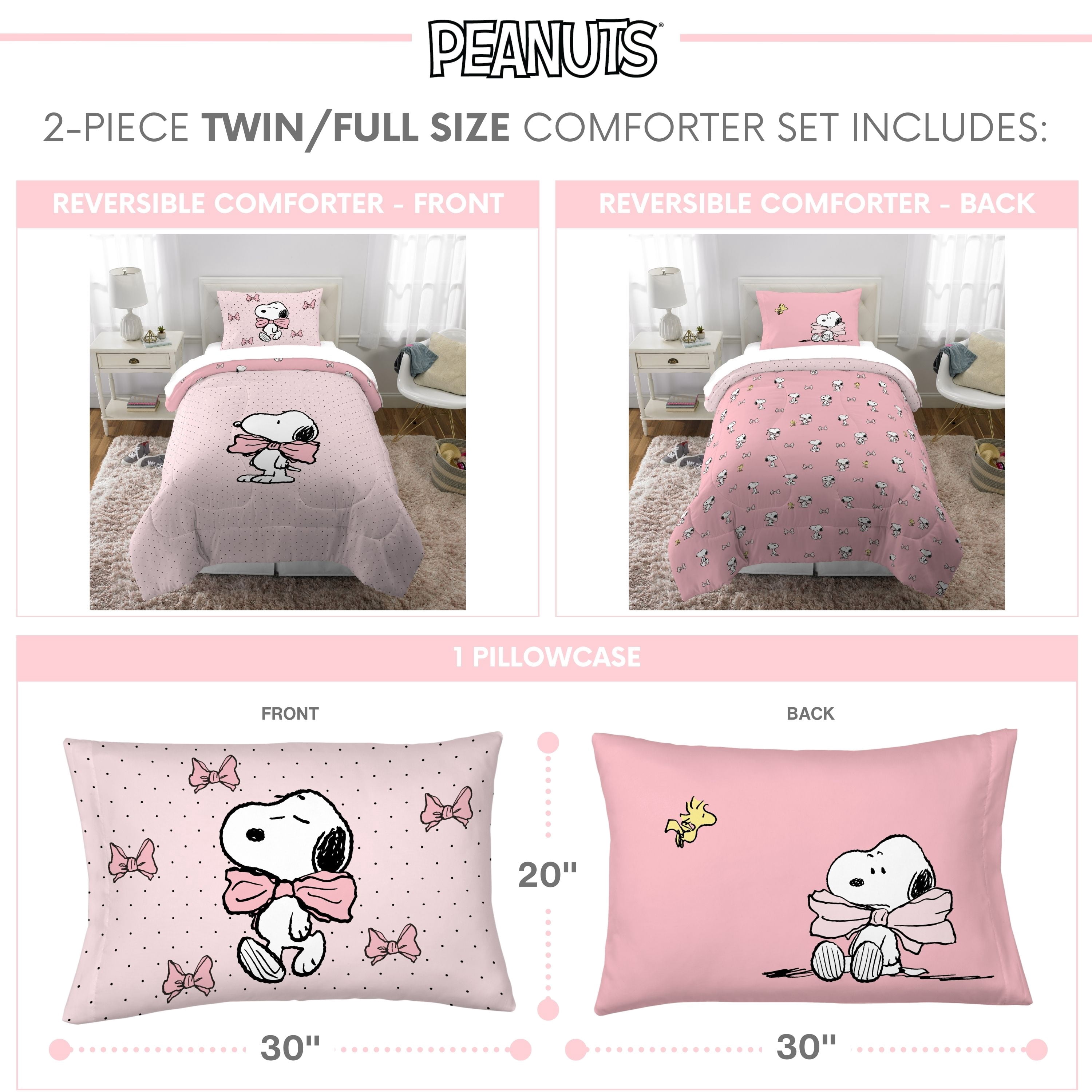 Peanuts Snoopy Pink Coquette Reversible Comforter and Pillowcase