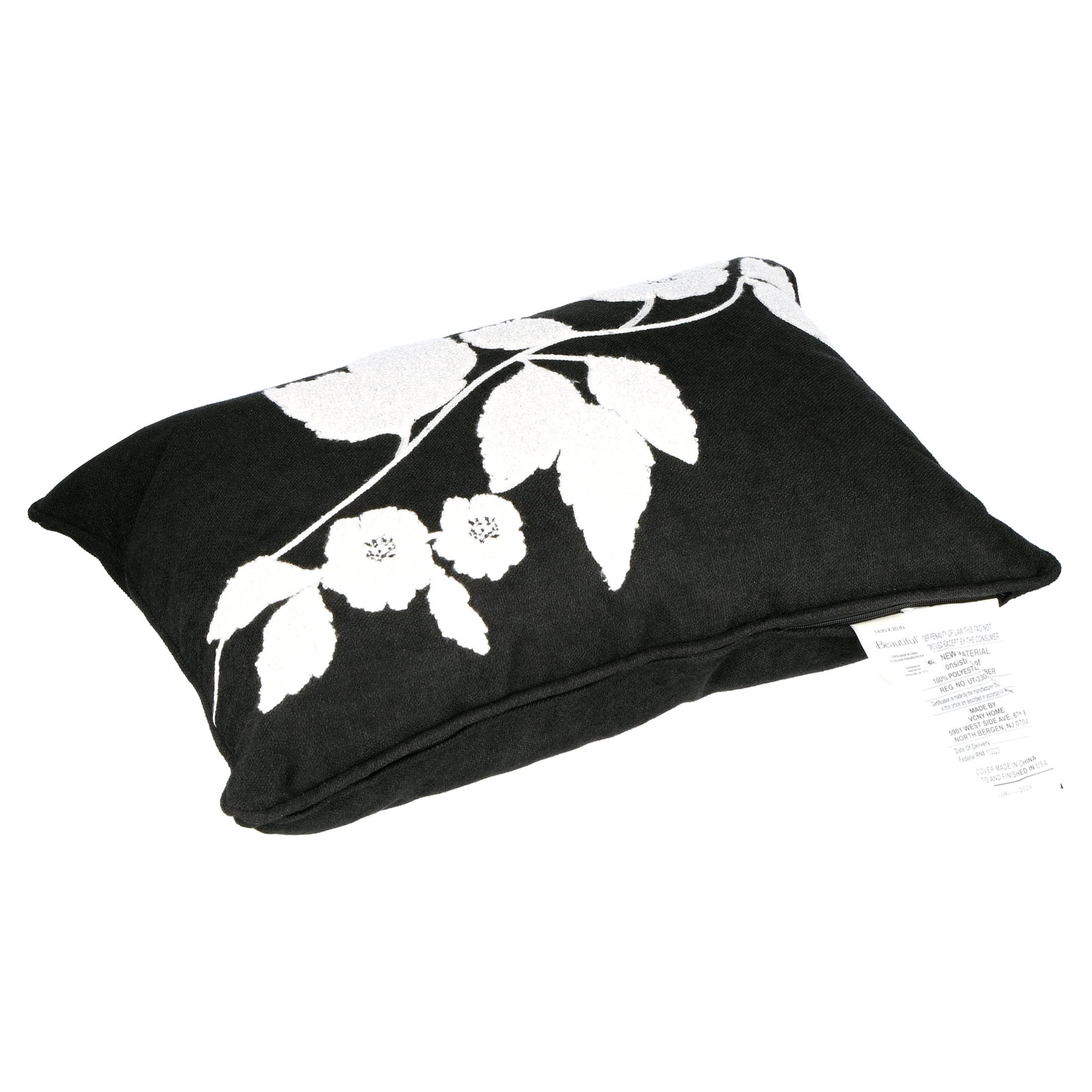 (2 pack) Beautiful Boucle Embroidered Chenille Floral Decorative Pillow by Drew Barrymore, 14" x 20", Black/White