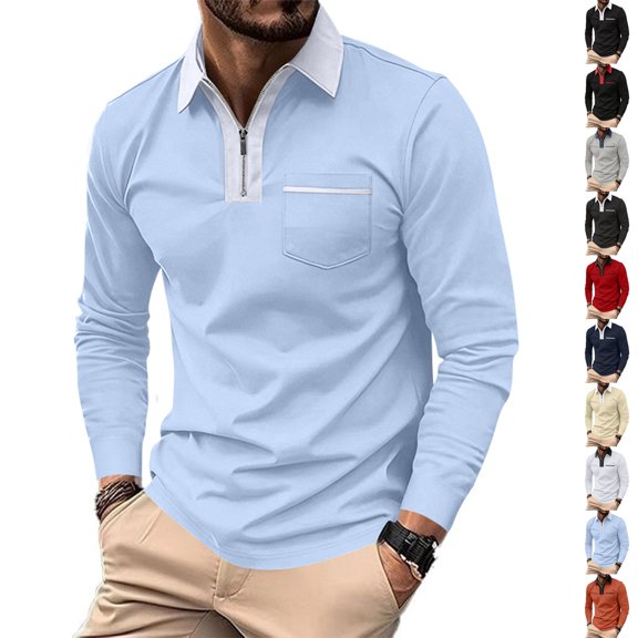 Lumtrix Men's Polo Shirts 1/2 Zip Long Sleeve Classic T-Shirts Casual Golf Shirts Stylish Collared Tee Light Blue M
