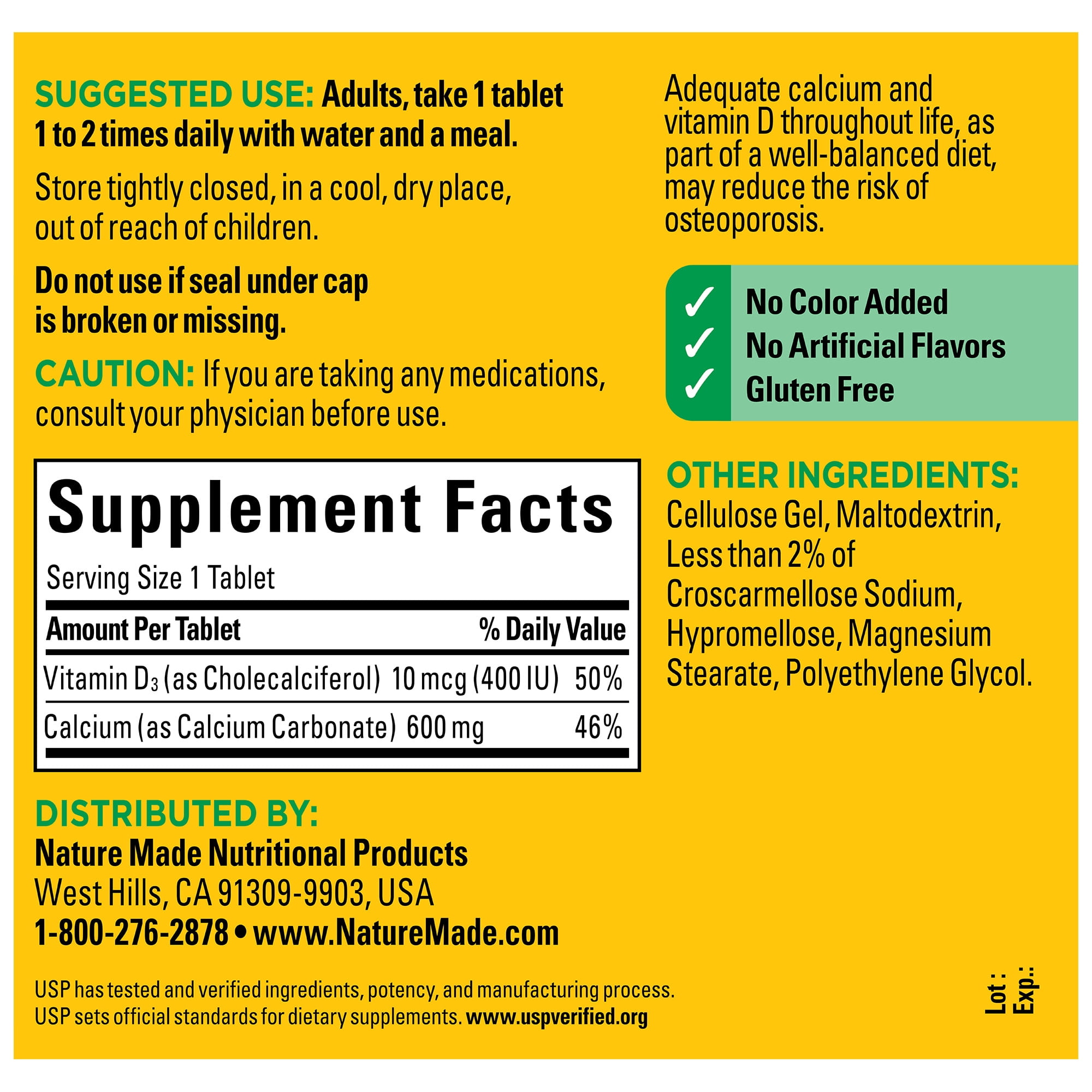 Nature Made Calcium 600 mg with Vitamin D3 Tablets, Dietary Supplement, 150 Count