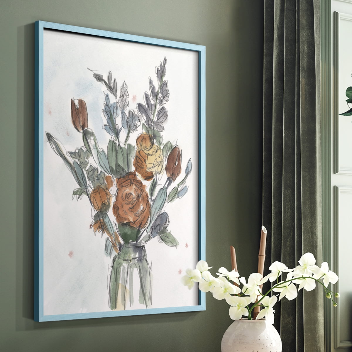 Watercolor Floral Arrangement II Framed Print in Blue Solid Wood 8 x 10 Framed Print